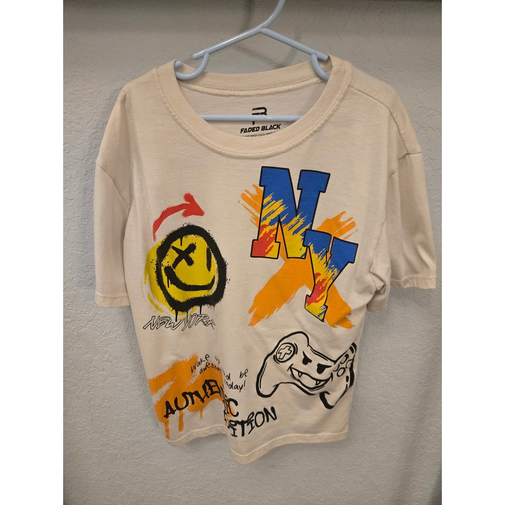 Faded Black Kids Medium Graphic T-Shirt Smiley Face NY Authentic Edition
